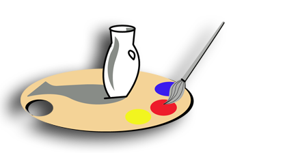 logo de l'atelier représentant une palette de peintre avec un pot en terre cuite en fond